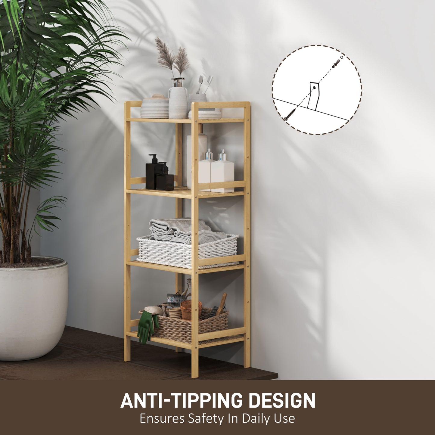 4-Tier Bamboo Bathroom Storage Shelf with Adjustable Rack, Natural