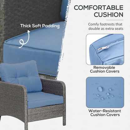 5 Pieces PE Rattan Garden Furniture Set, Wicker Outdoor Set w/ 2 Armchairs 2 Stools Glass Top Table Cushions, Blue