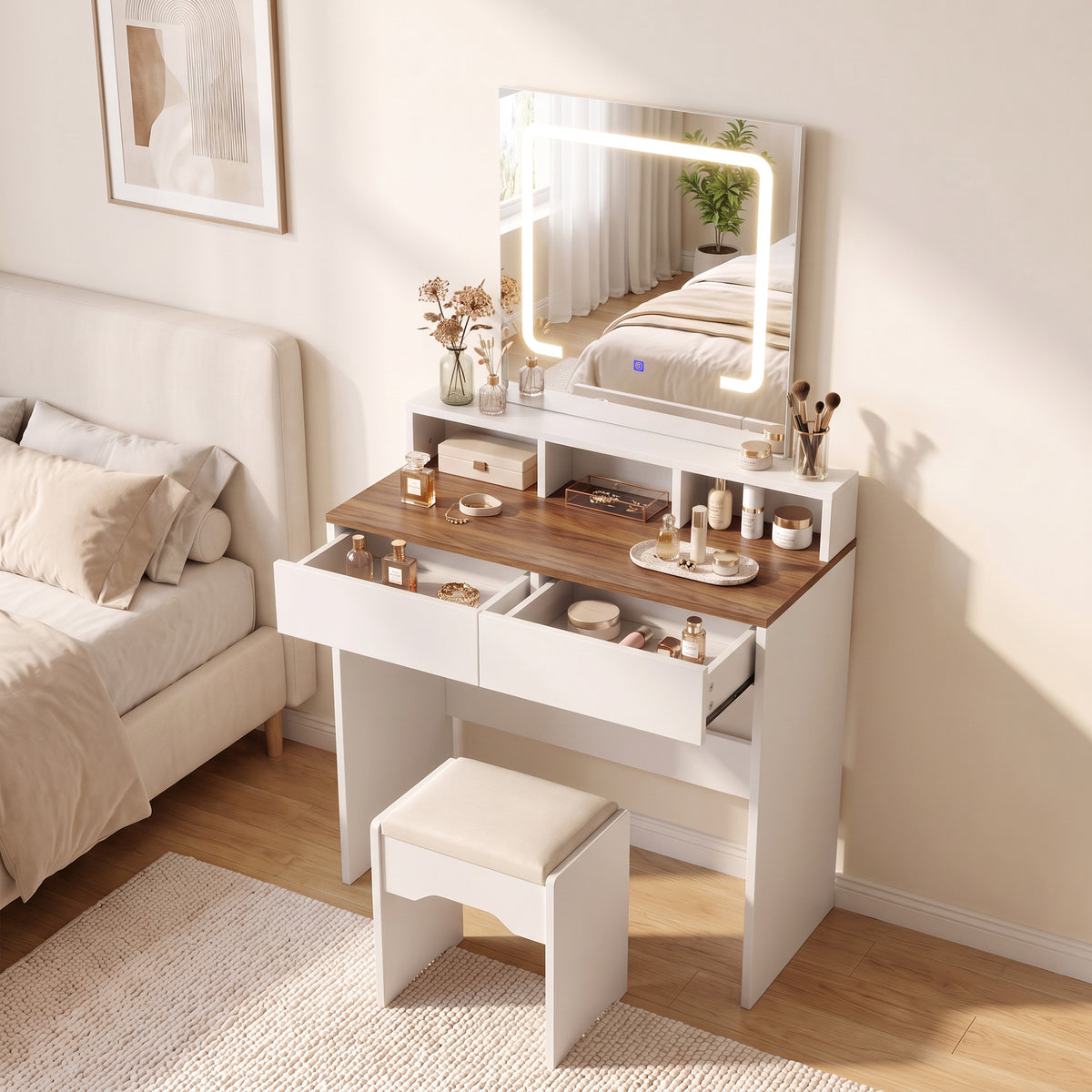 Dressing Table with Mirror, LED Lights, Drawers, for Bedroom, Walnut