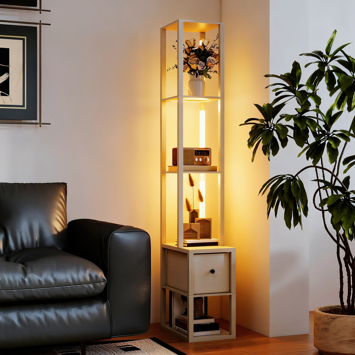 Floor Lamp with Shelves, LED Standing Lamp with Fabric Drawer, Oak