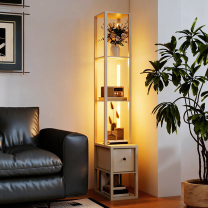 Floor Lamp with Shelves, LED Standing Lamp with Fabric Drawer, Oak