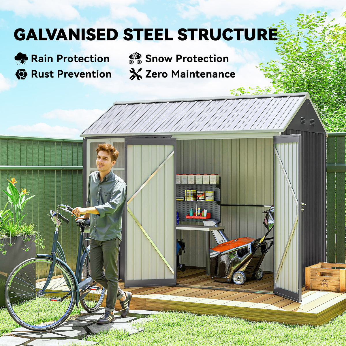 8x6ft Metal Garden Shed Outdoor Storage Shed w/ Doors Window, Grey