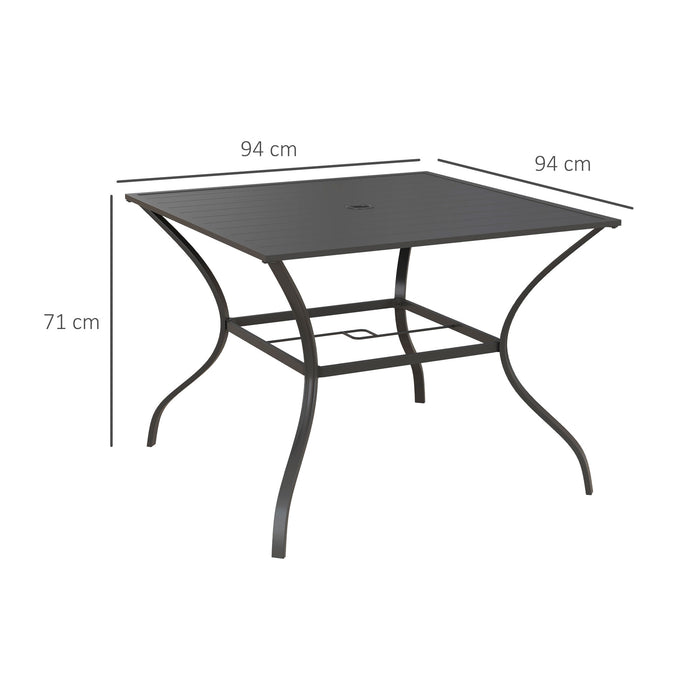 94 * 94 cm Garden Table with Parasol Hole, Outdoor Dining Garden Table for Four with Slatted Metal Plate Top, Grey