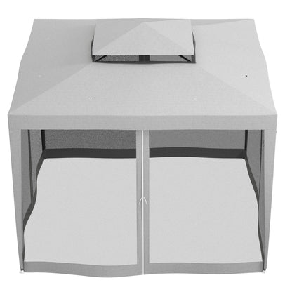 3 x 3 m Gazebo, Netting Party Tent w/ Double Tier Roof, Light Grey