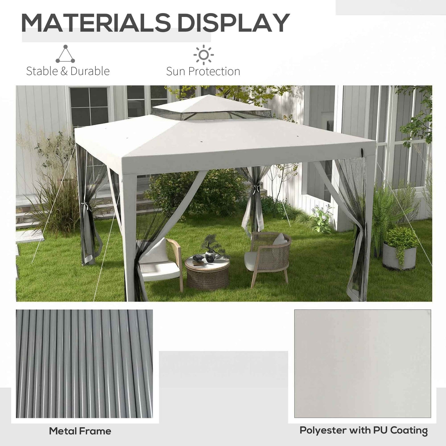 3 x 3 m Gazebo, Netting Party Tent w/ Double Tier Roof, Light Grey