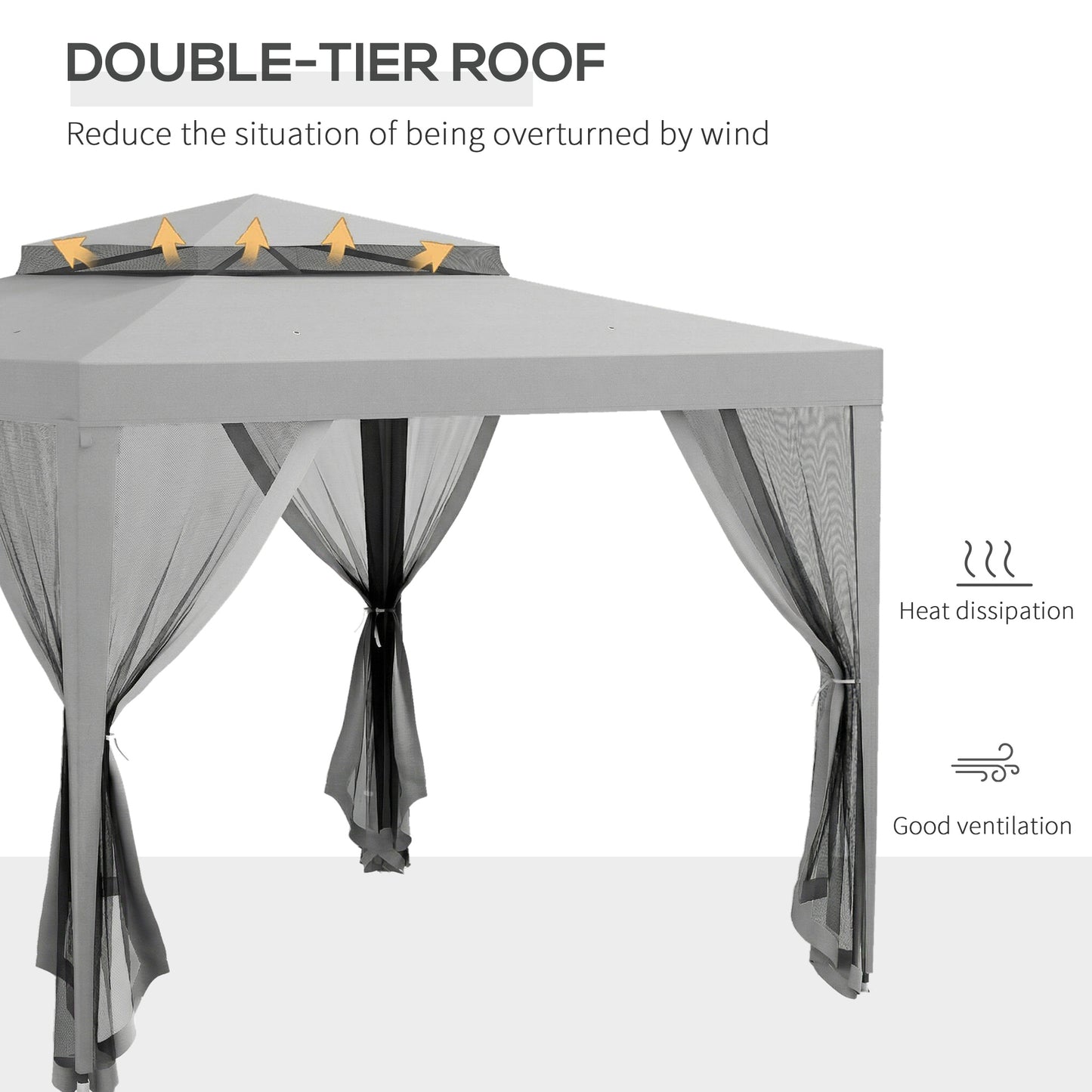 3 x 3 m Gazebo, Netting Party Tent w/ Double Tier Roof, Light Grey