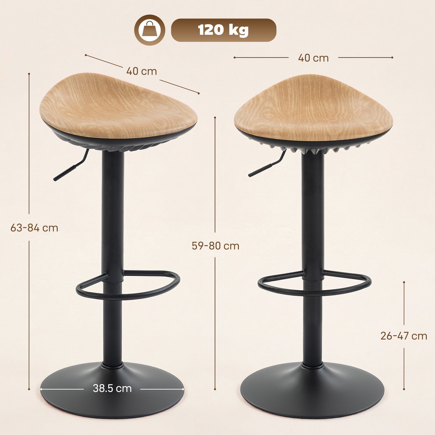 Set of 2 Breakfast Barstools, PU Leather Swivel Bar Stools, Oak