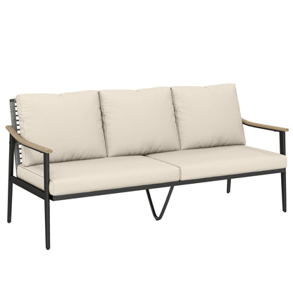 3 Seater Rattan Garden Sofa with Wood-Effect Arms, Cushions, Khaki