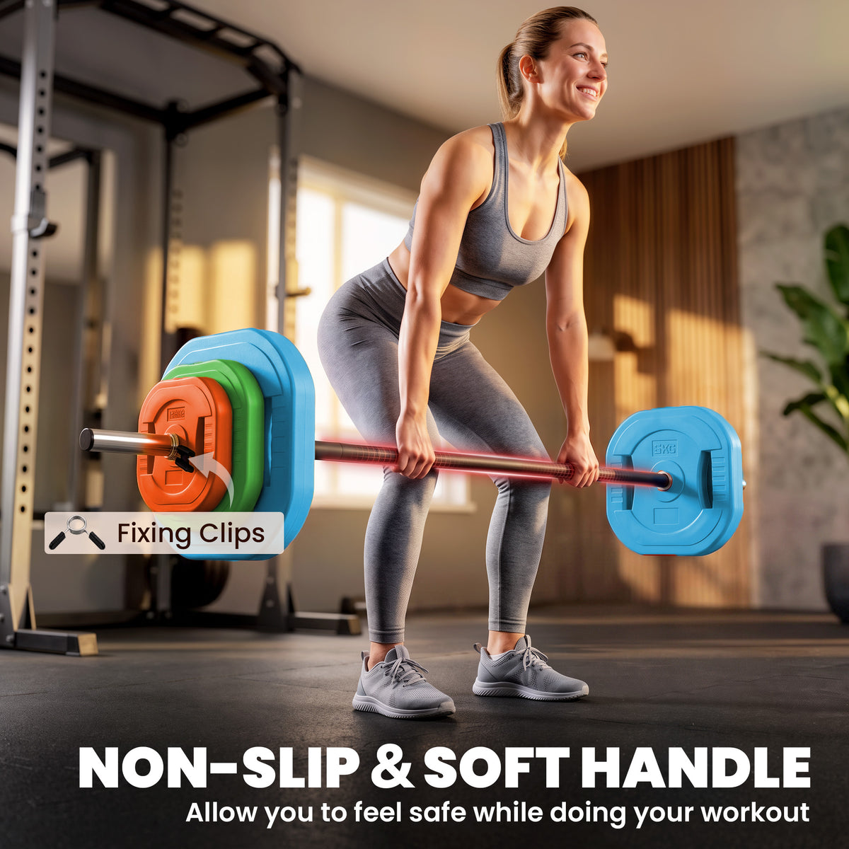 20kg Adjustable Barbell Set with 6 Grip Plates and Clips - Multicolour