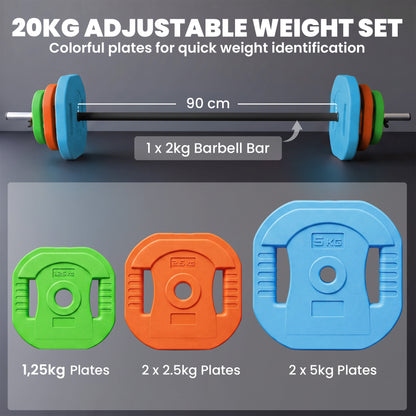 20kg Adjustable Barbell Set with 6 Grip Plates and Clips - Multicolour