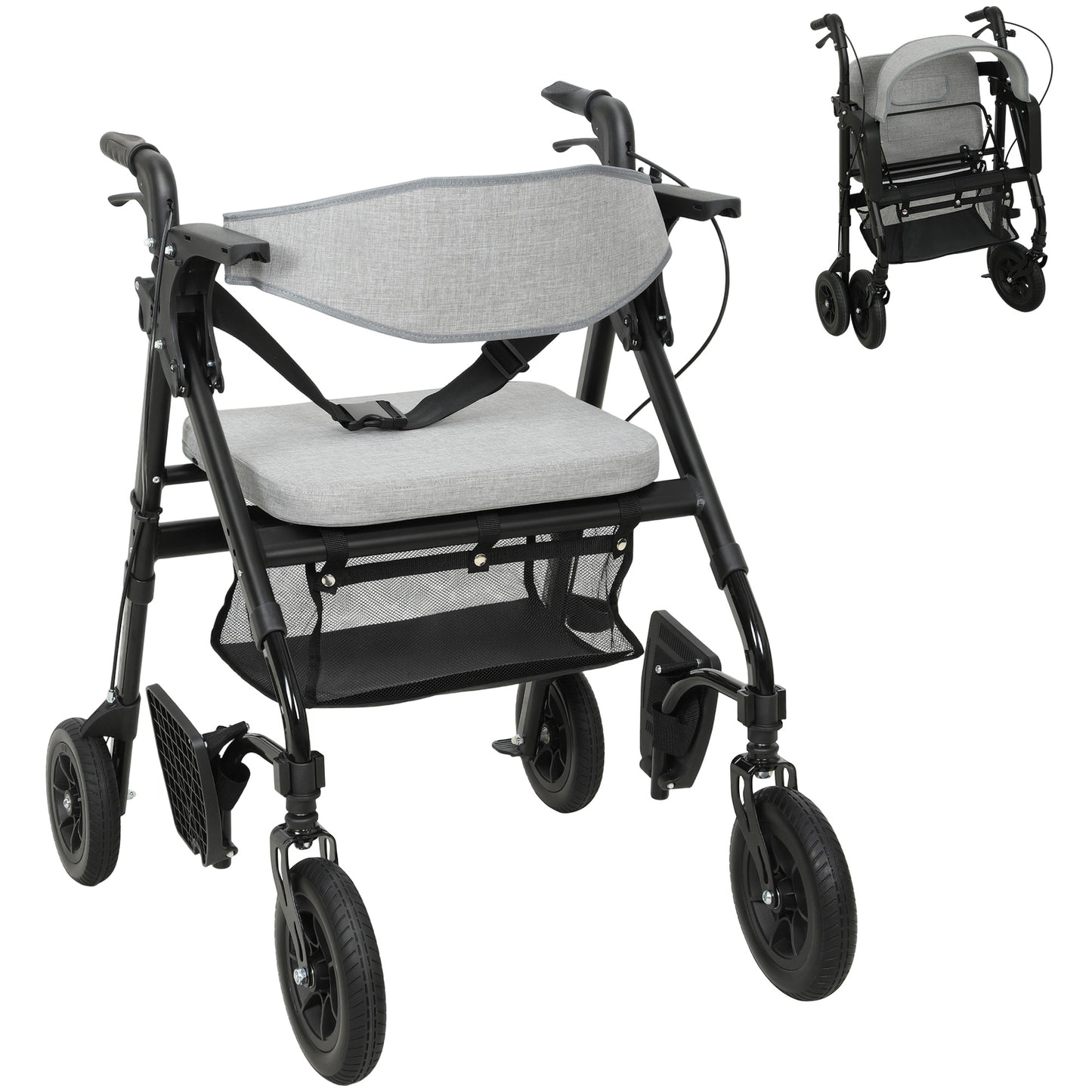 2-in-1 Mobility Walker with Seat, Foldable Rollator with Footrests