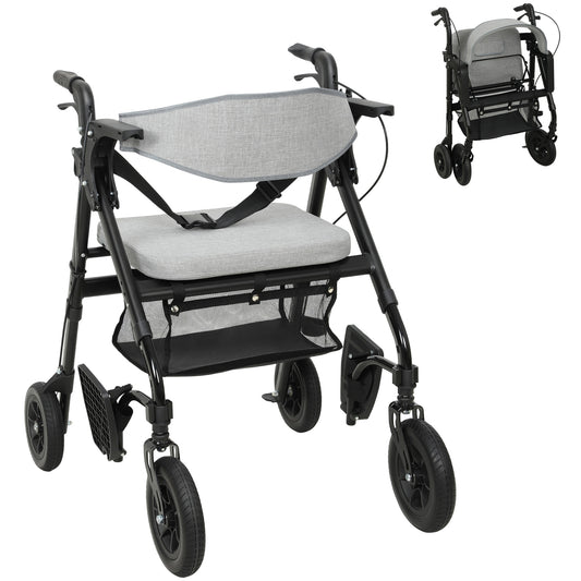 2-in-1 Mobility Walker with Seat, Foldable Rollator with Footrests