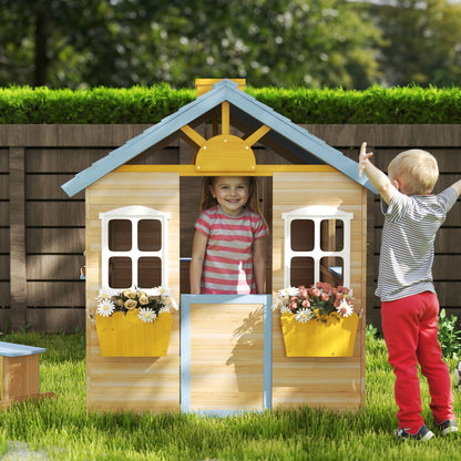 Wooden Kids Playhouse w/ Door, Windows, Bench, For 3-7 Years Blue