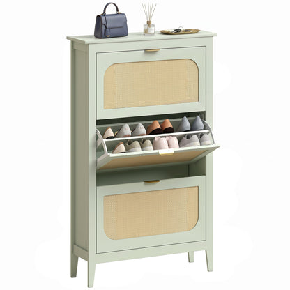 Boho Slim Shoe Cabinet with Rattan Doors, Holds 21 Pairs, Green