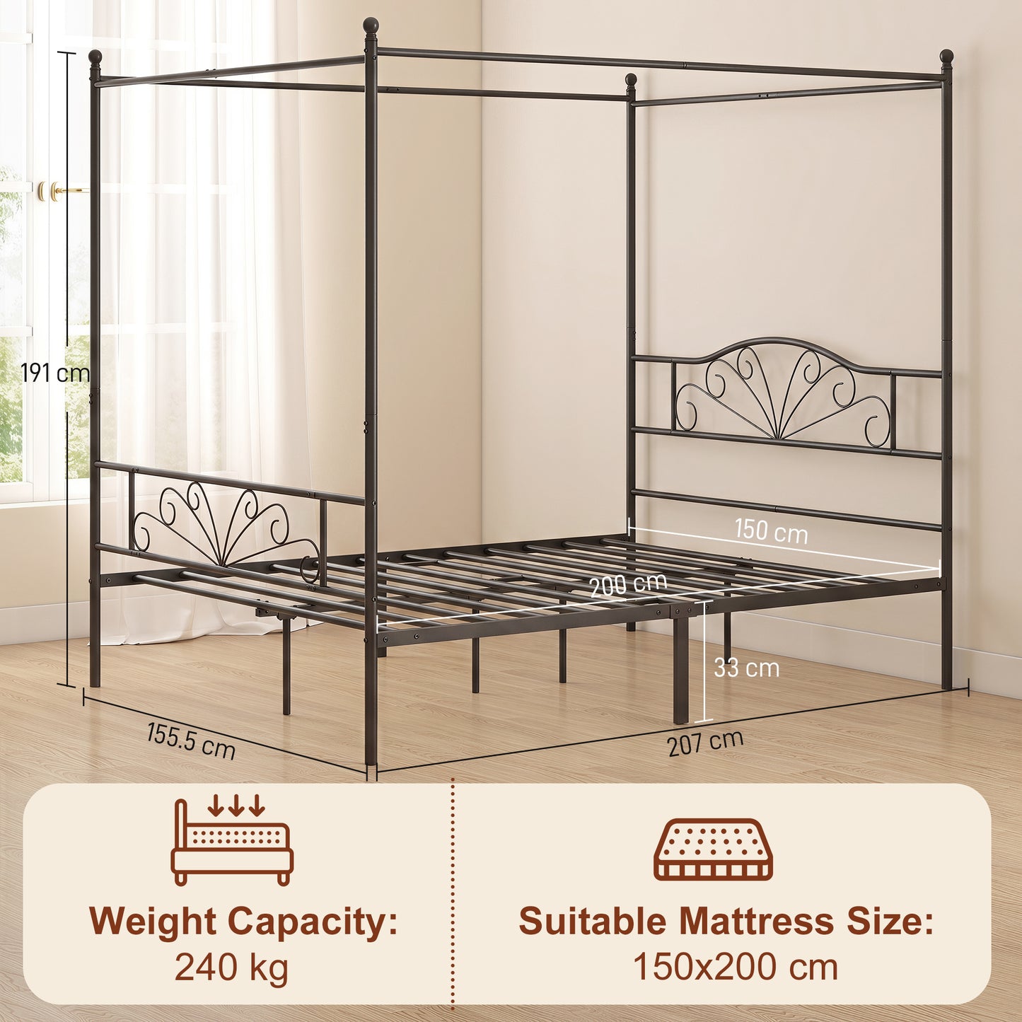 Canopy Bed Frame King Size, Metal Platform Bed Frame, Black