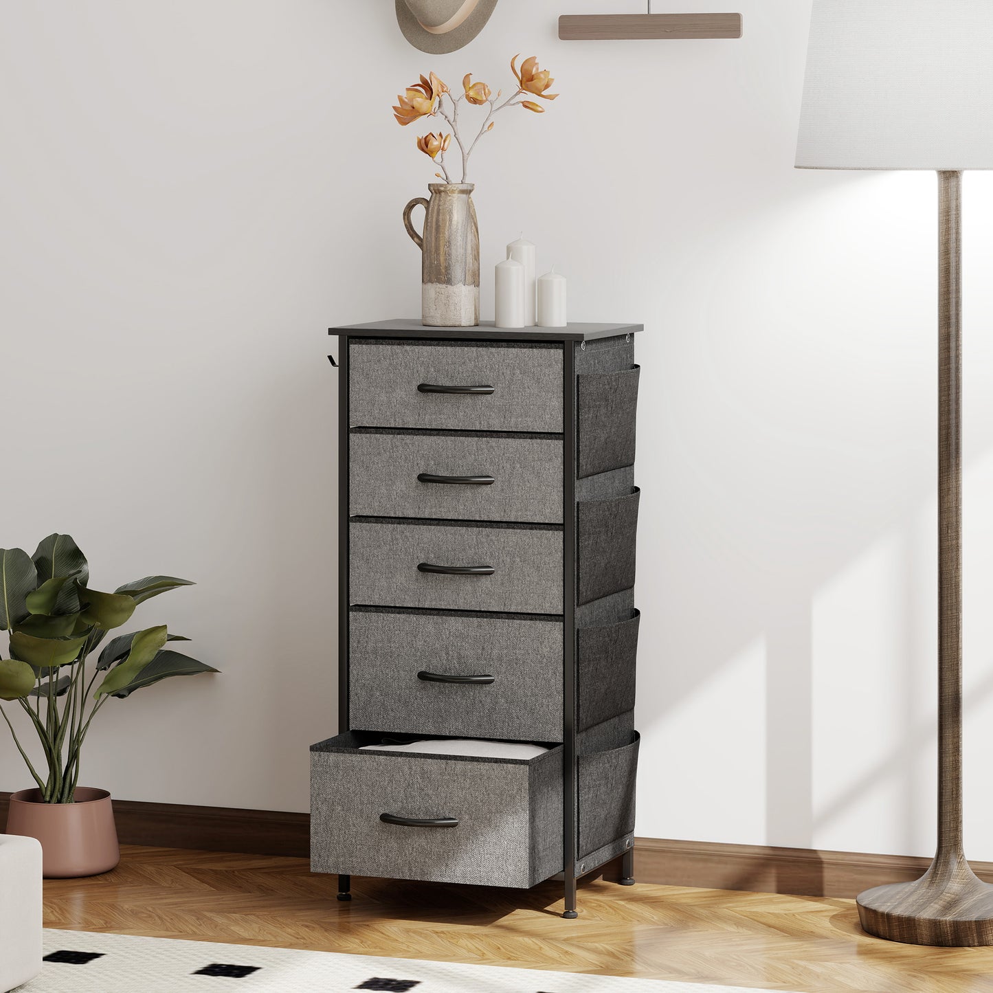 Fabric Chest of Drawers, 5 Drawer Dresser for Bedroom, Charcoal Grey