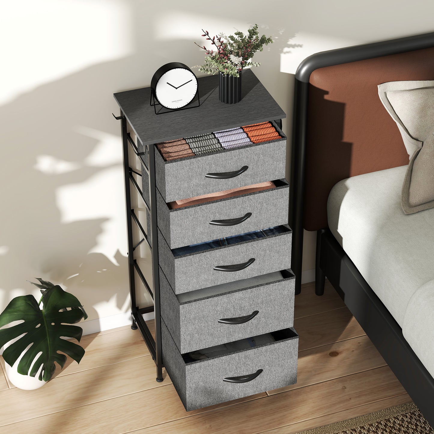 Fabric Chest of Drawers, 5 Drawer Dresser for Bedroom, Charcoal Grey