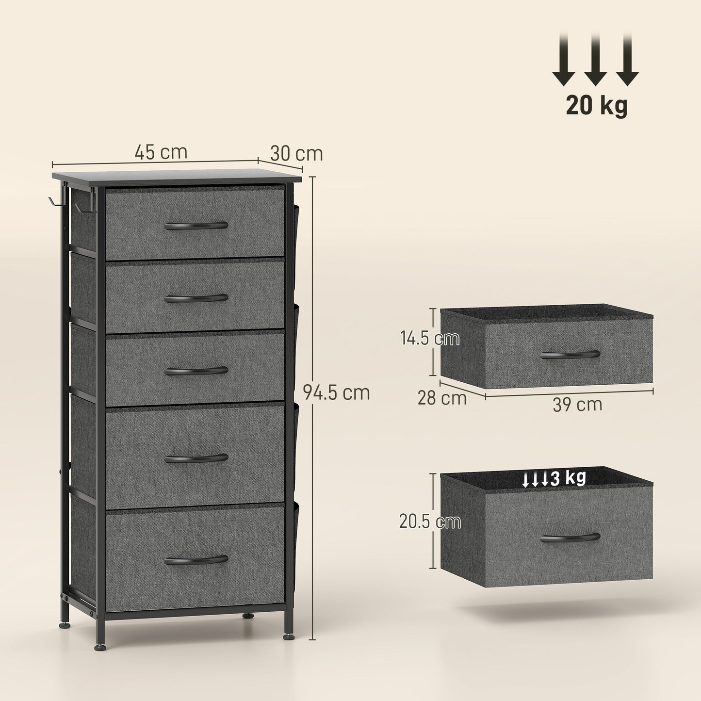 Fabric Chest of Drawers, 5 Drawer Dresser for Bedroom, Charcoal Grey