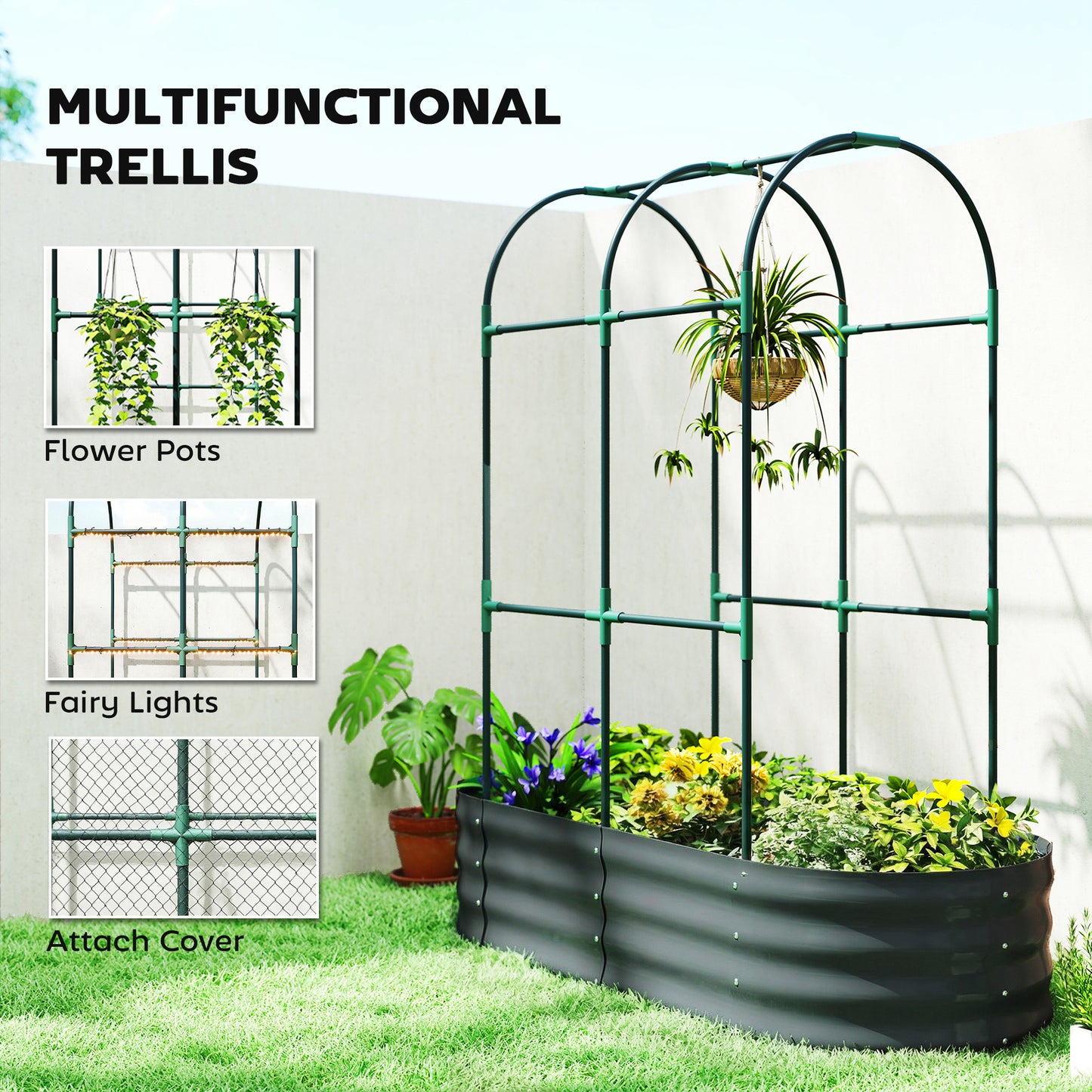 4 x 2 x 4.6ft Galvanised Raised Garden Bed with Trellis, Dark Grey