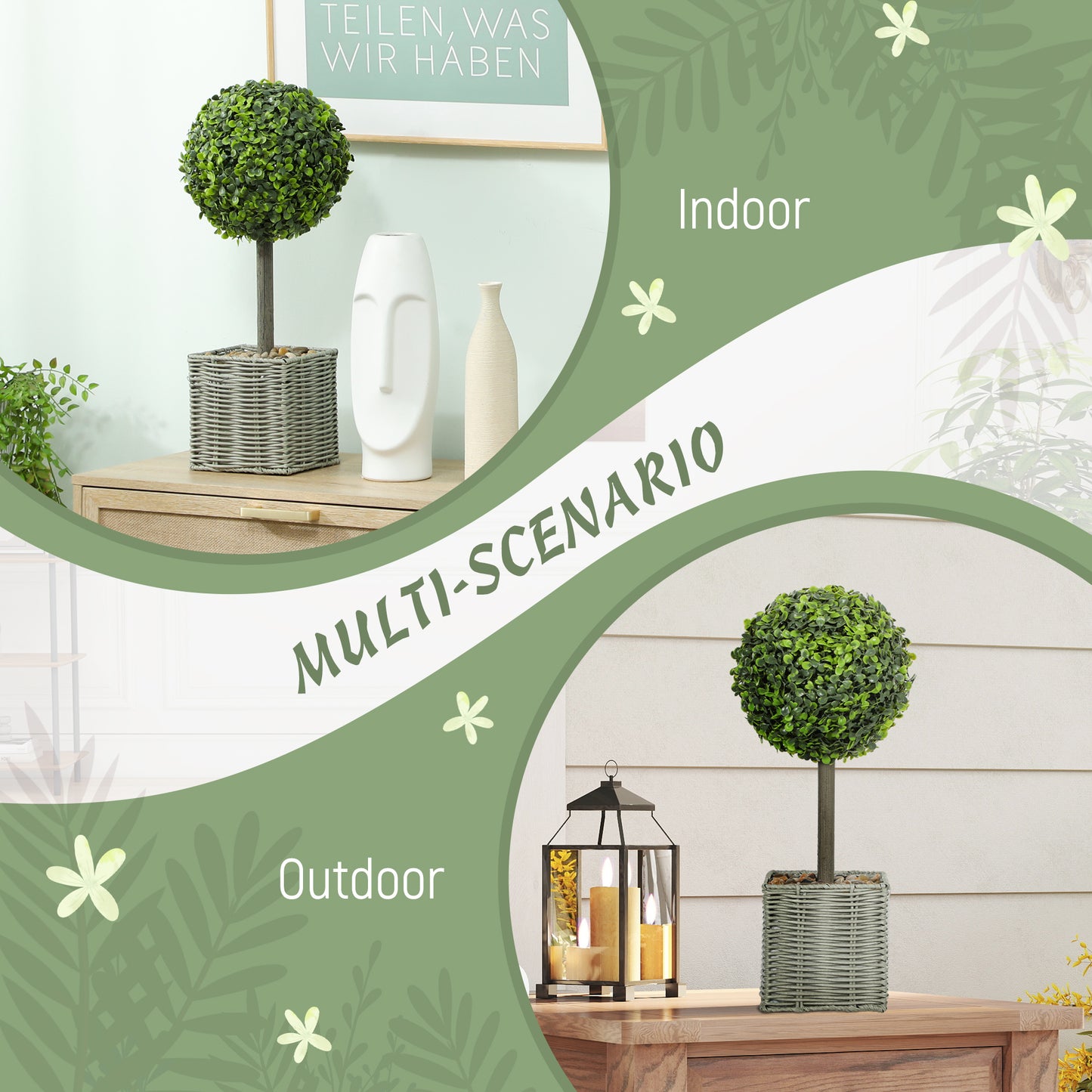 Set of 2 Artificial Plants, 50cm Faux Boxwood Topiary Balls, Green