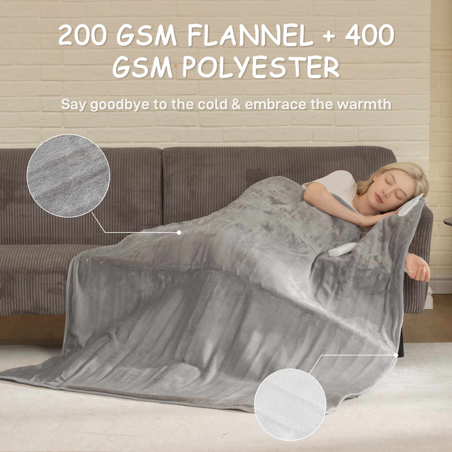 Flannel Fabric Heated Throw, Machine Washable Electric Blanket, Grey