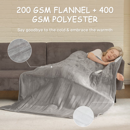 Flannel Fabric Heated Throw, Machine Washable Electric Blanket, Grey