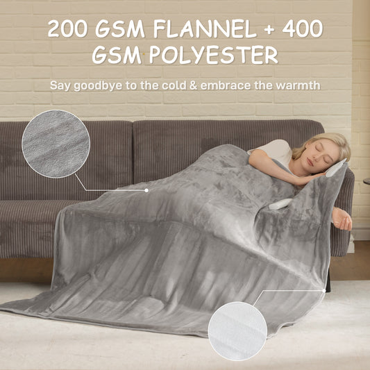 Flannel Fabric Heated Throw, Machine Washable Electric Blanket, Grey