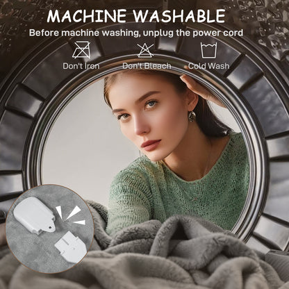 Flannel Fabric Heated Throw, Machine Washable Electric Blanket, Grey