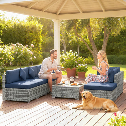 8 Pieces Patio Rattan Sofa Set, Garden Furniture Set Dark Blue