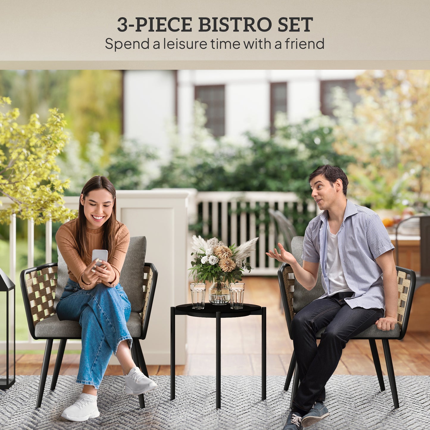3 Pieces Rattan Bistro Set, Wicker Garden Furniture Set w/ Cushions