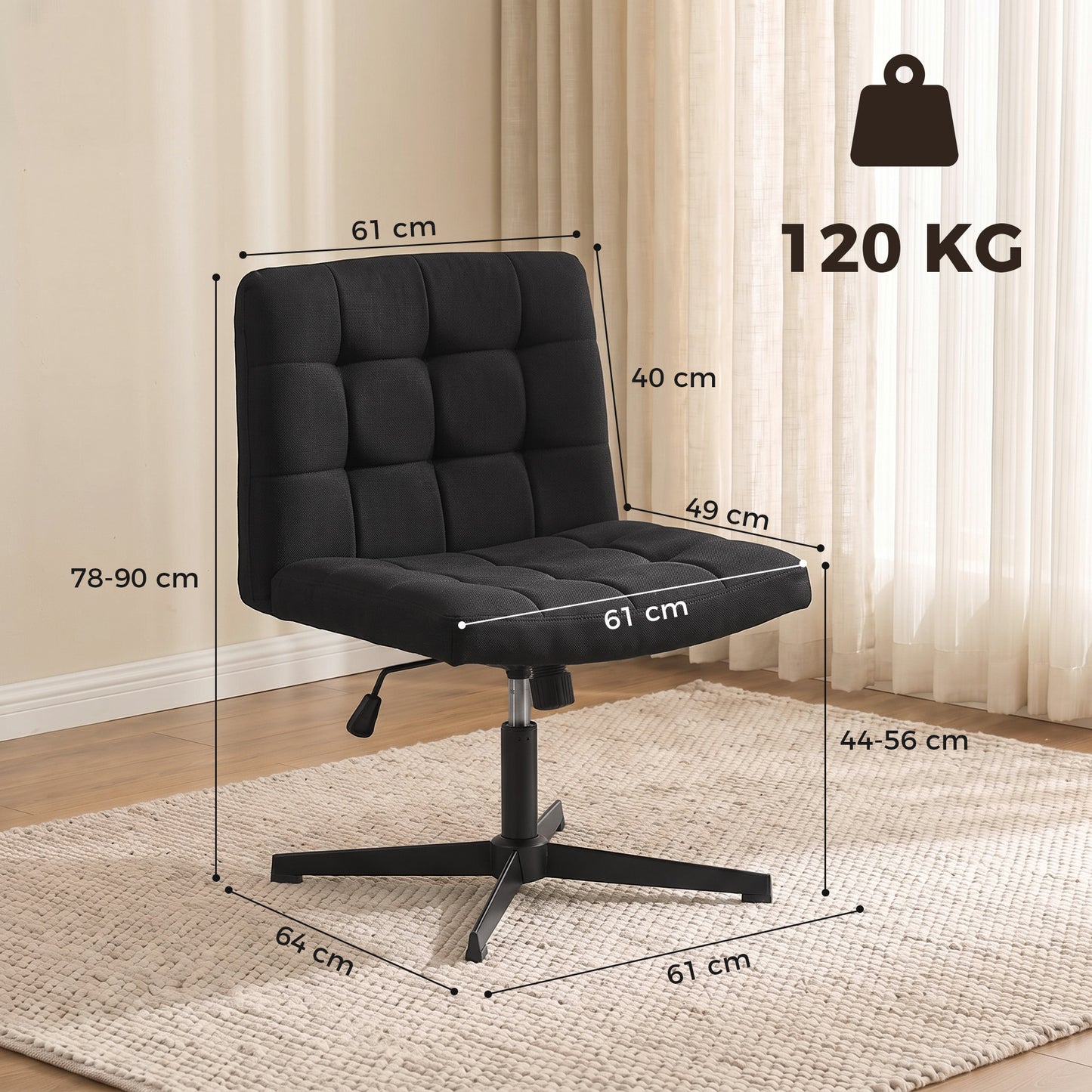 Armless Office Chair, Cross Legged Vanity Chair with Wide Seat, Black