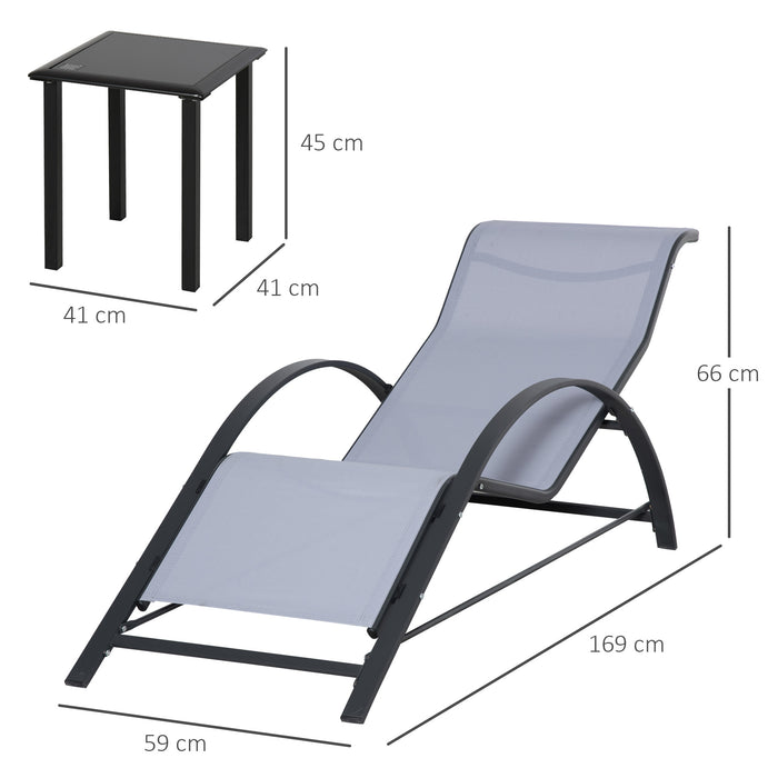 3 Pieces Lounge Chair Set Garden Outdoor Recliner Sunbathing Chair with Table, Grey