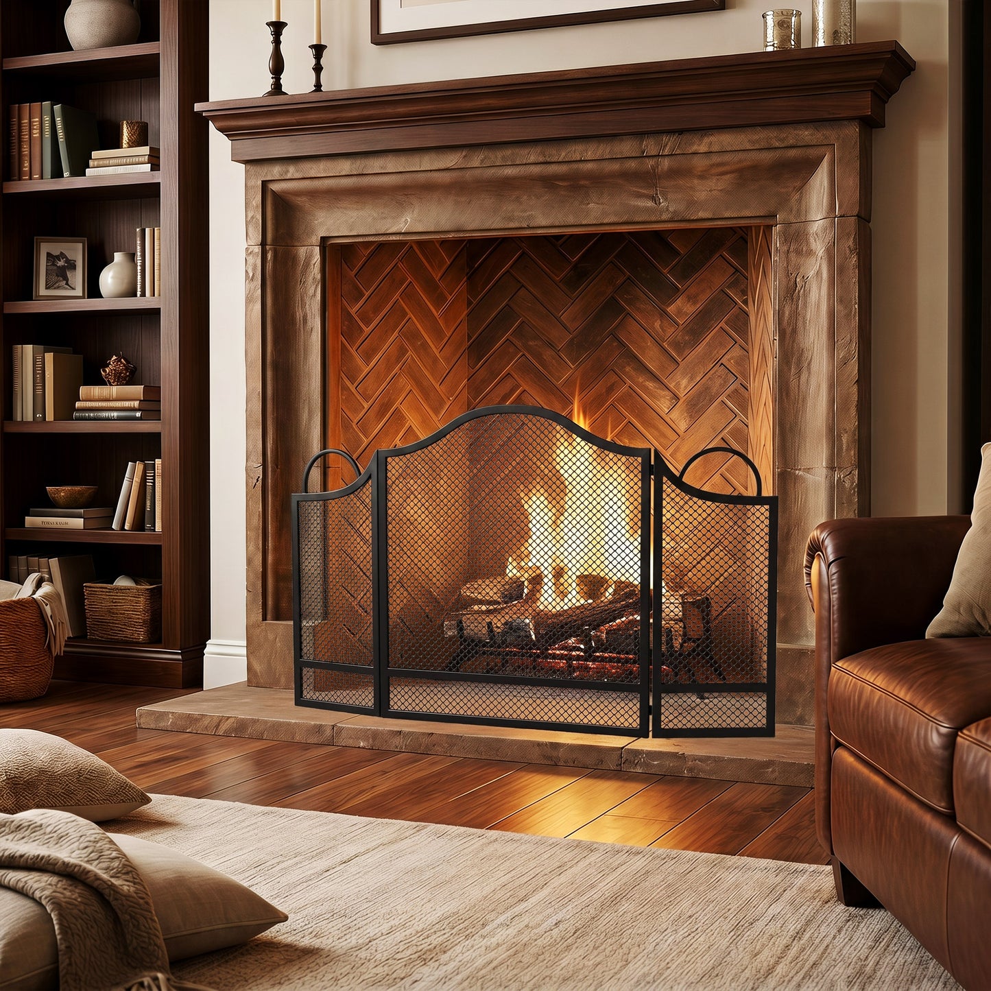 Floral 3-Panel Folding Fireplace Screen for Protection, Black