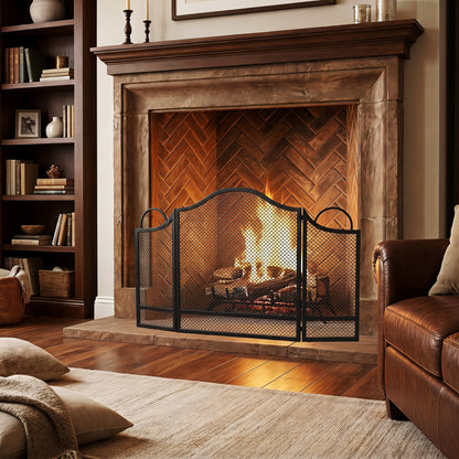 Floral 3-Panel Folding Fireplace Screen for Protection, Black