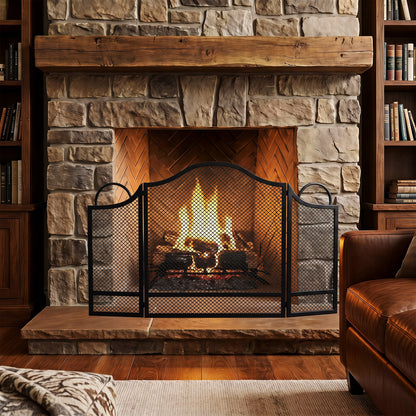 Floral 3-Panel Folding Fireplace Screen for Protection, Black