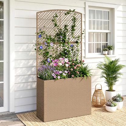 Garden Planter with Trellis, Rattan Raised Beds for Garden with Liner, Freestanding Outdoor Planter Box for Climbing Plants, Herbs, Vegetables, Flowers, 80 x 30 x 163 cm, Light Grey