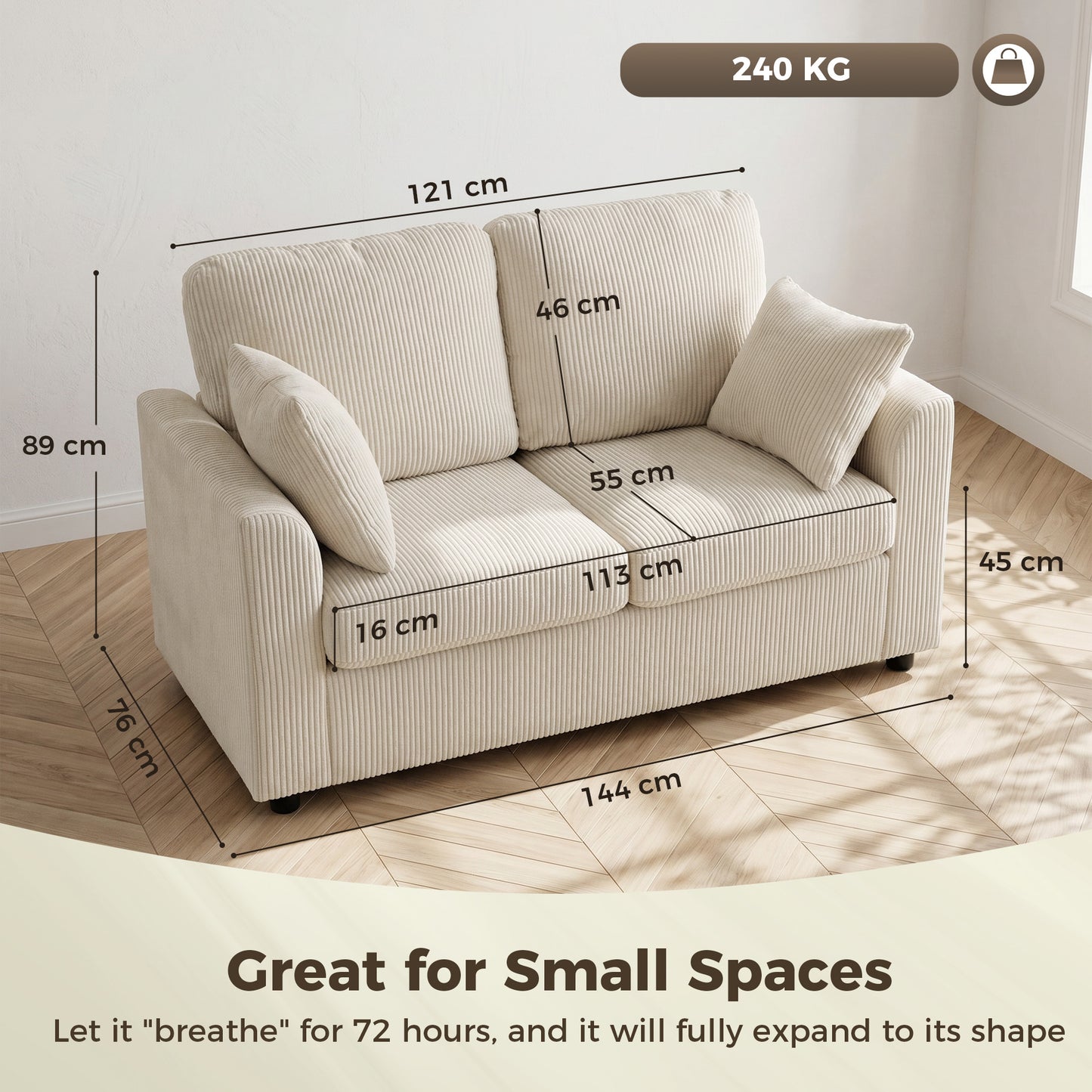 2 Seater Sofa, Corduroy Small Couch with Spring Cushion, Beige