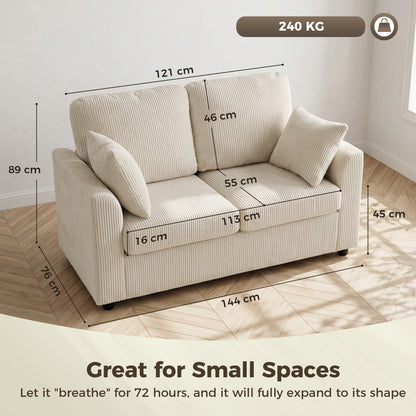 2 Seater Sofa, Corduroy Small Couch with Spring Cushion, Beige