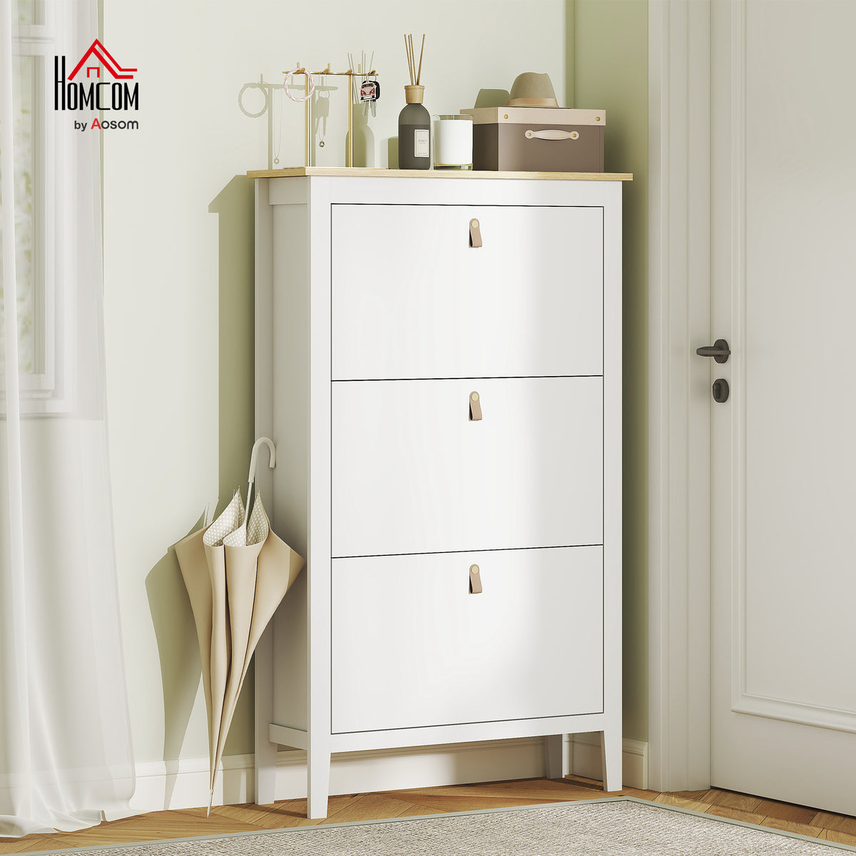 3 Drawer Shoe Cabinet with Flip Doors for Hallway, Entryway, White