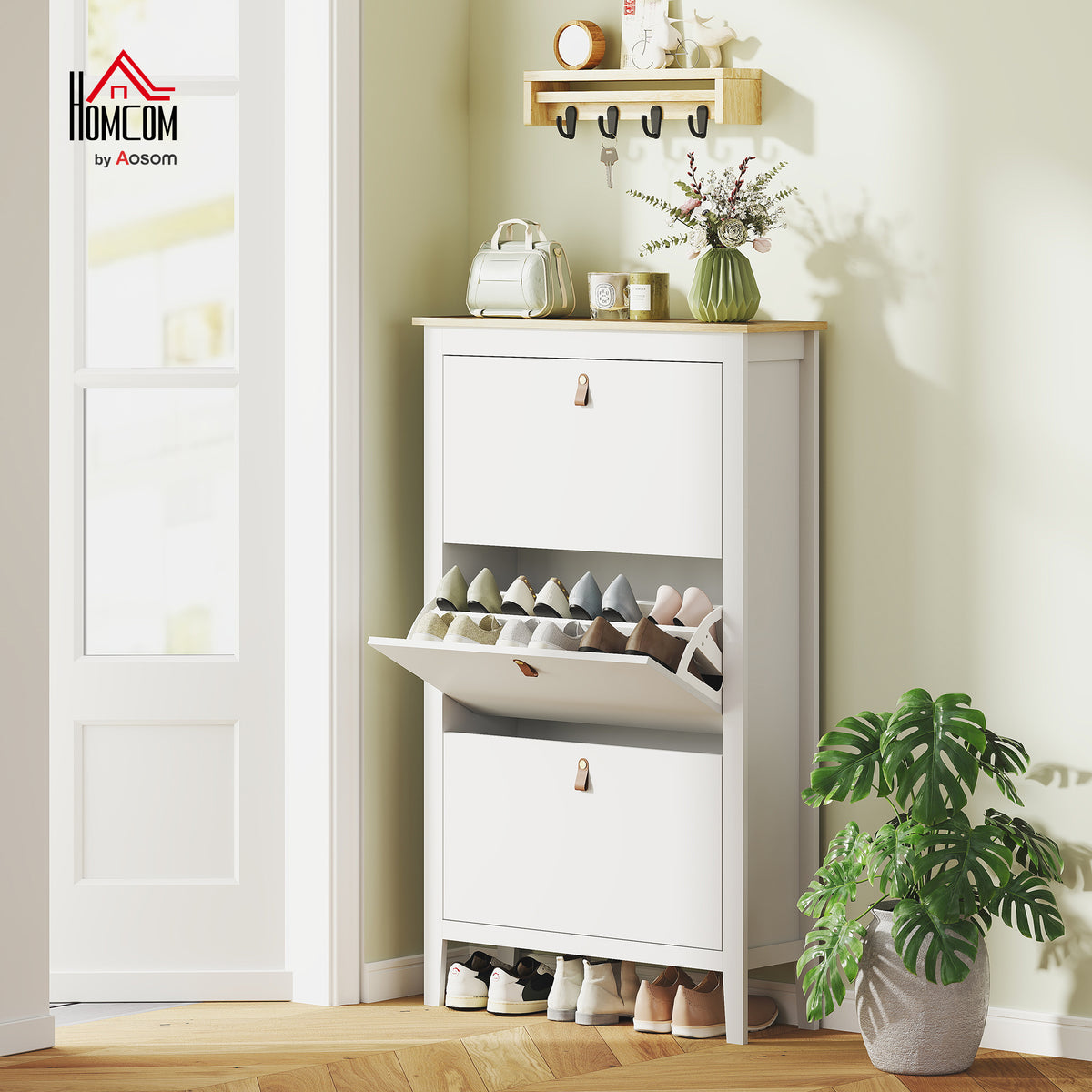 3 Drawer Shoe Cabinet with Flip Doors for Hallway, Entryway, White