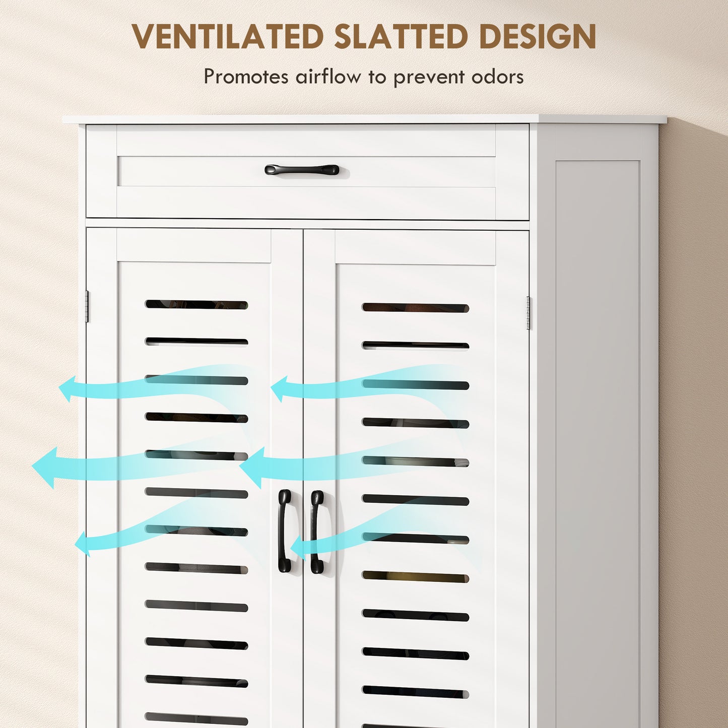 Modern Shoe Storage Cabinet with Louvered Doors and Drawer, White