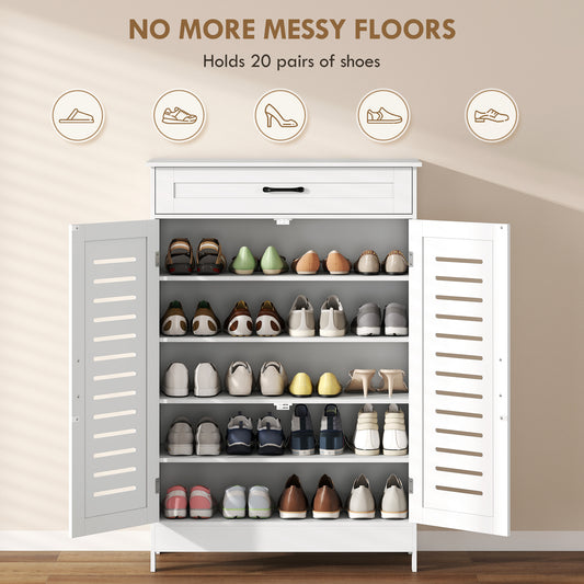 Modern Shoe Storage Cabinet with Louvered Doors and Drawer, White