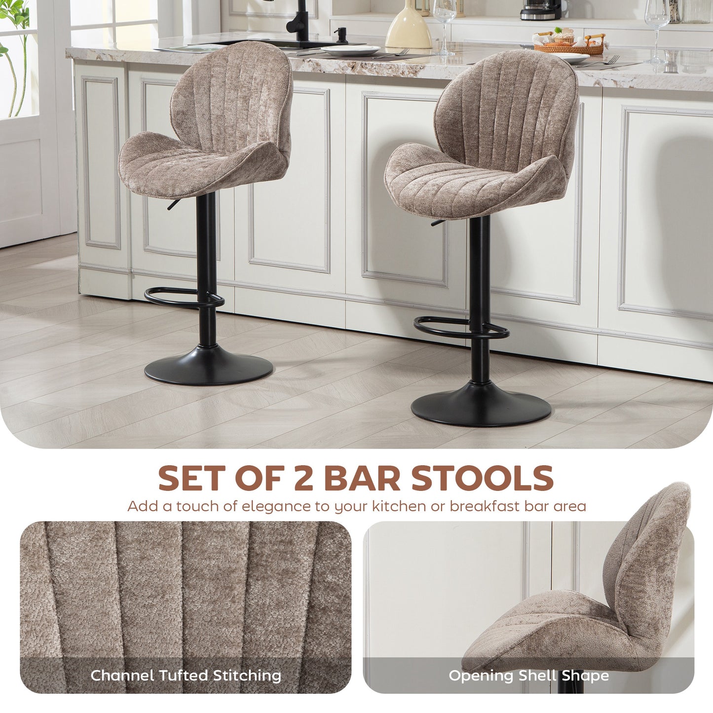 Modern Bar Stools Set of 2, Swivel Counter Height Barstools, Brown