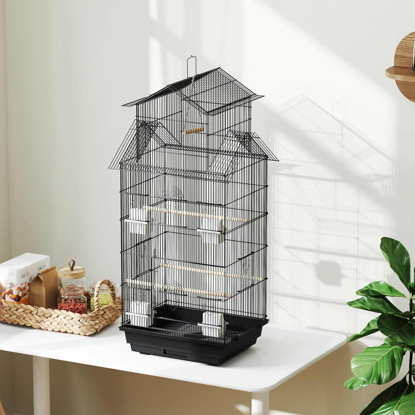 Metal Bird Cage w/ Perch, Food Container, Handle, for Finch, Canary