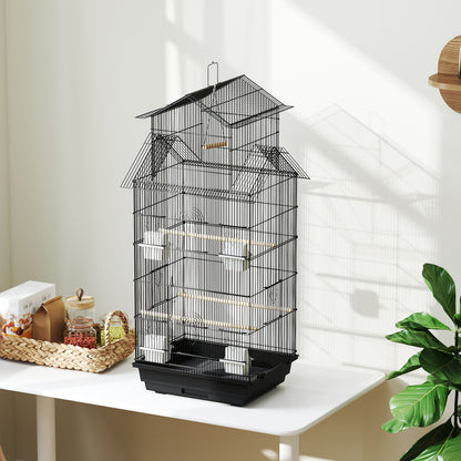 Metal Bird Cage w/ Perch, Food Container, Handle, for Finch, Canary