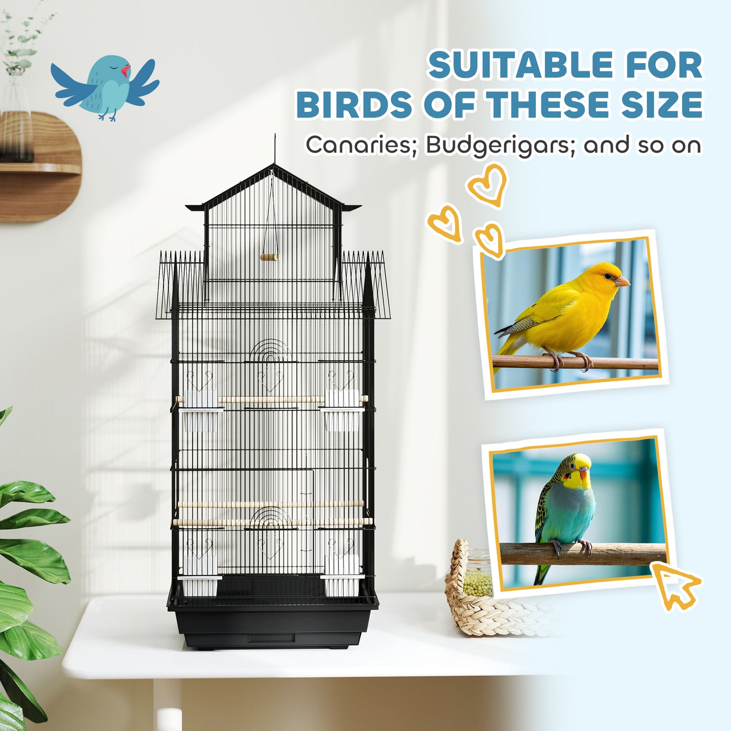 Metal Bird Cage w/ Perch, Food Container, Handle, for Finch, Canary