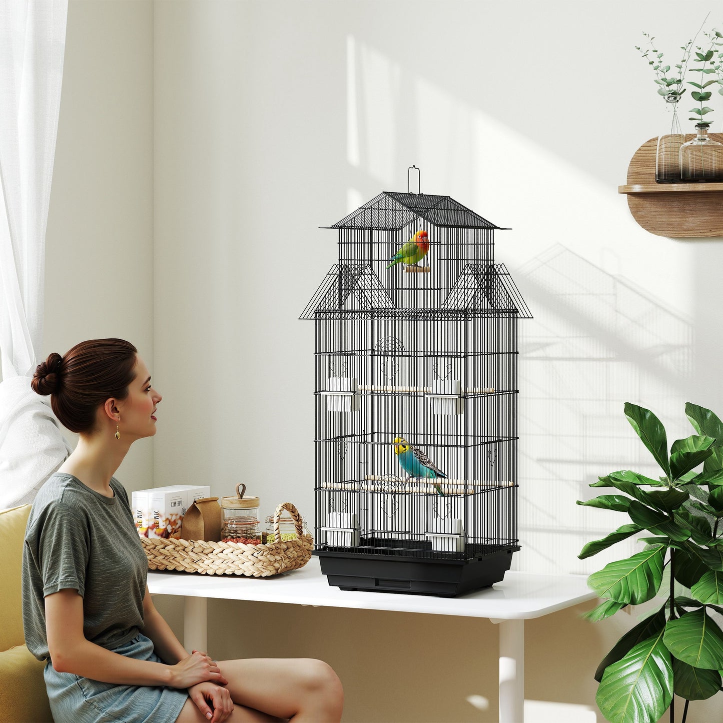 Metal Bird Cage w/ Perch, Food Container, Handle, for Finch, Canary
