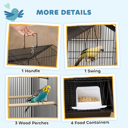 Metal Bird Cage w/ Perch, Food Container, Handle, for Finch, Canary
