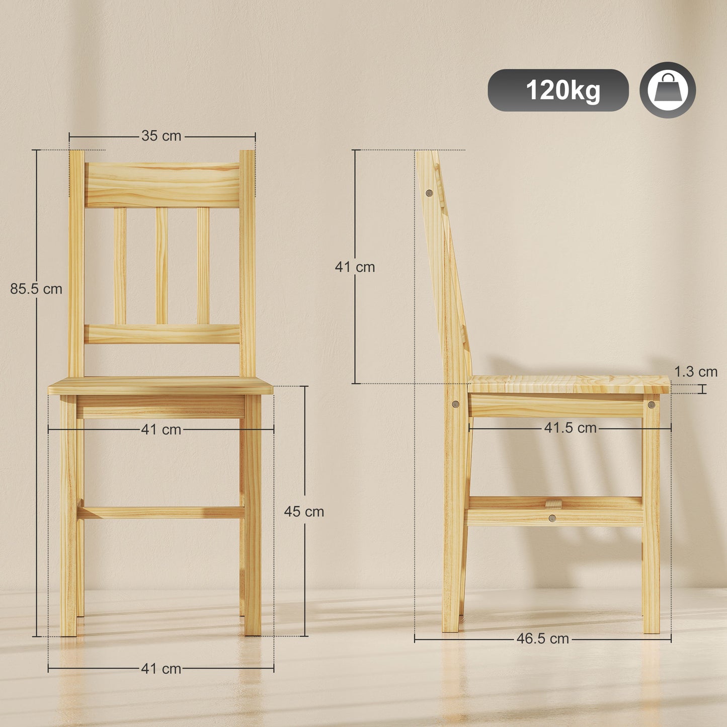 Dining Chairs Set of 2, Pine Wood Frame, Slat Back, Kitchen, Natural