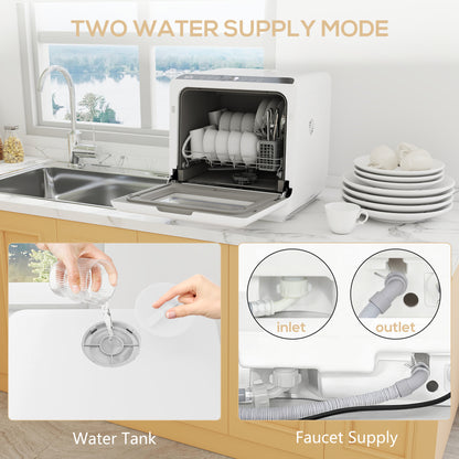 Countertop Dishwasher with Dual Water Supply and 6 Programs, White